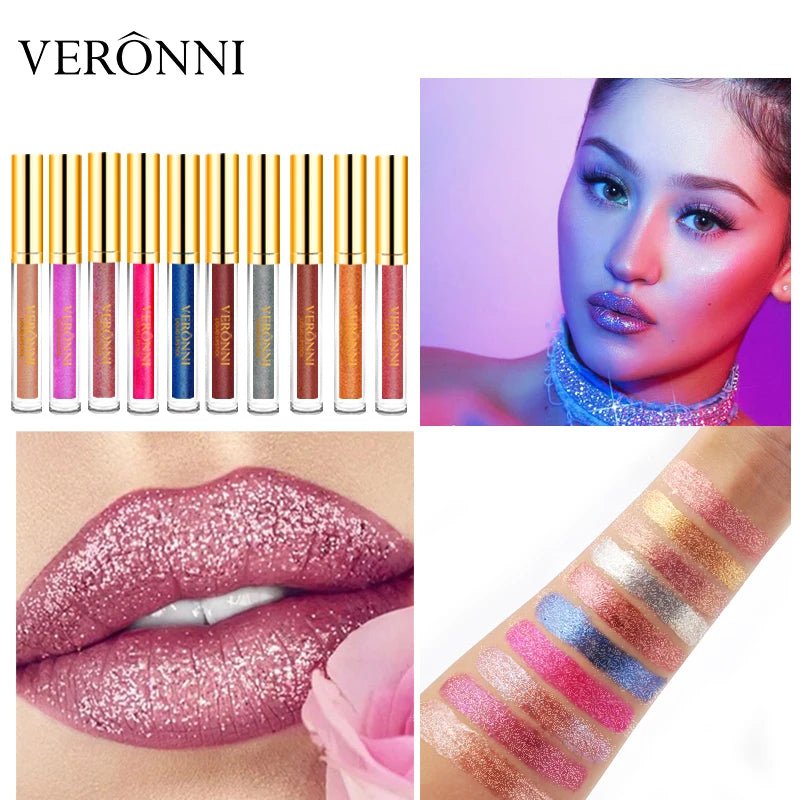 15 Color Glitter Liquid Lipsticks Shimmer Shiny Lipgloss Pearlescent Lip Tint Waterproof Long Lasting Matte Diamond Lips Glaze - ApolloX