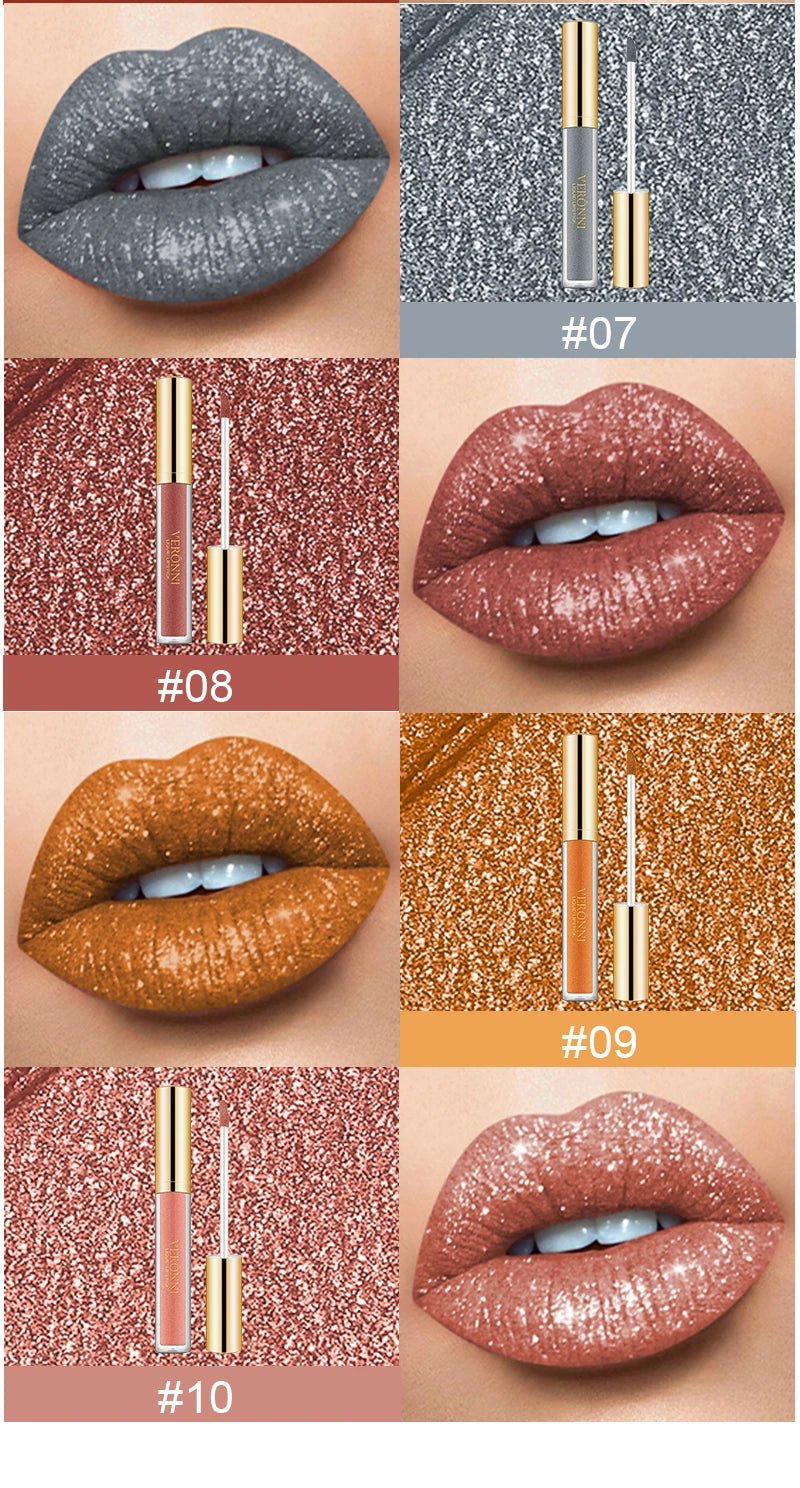 15 Color Glitter Liquid Lipsticks Shimmer Shiny Lipgloss Pearlescent Lip Tint Waterproof Long Lasting Matte Diamond Lips Glaze - ApolloX