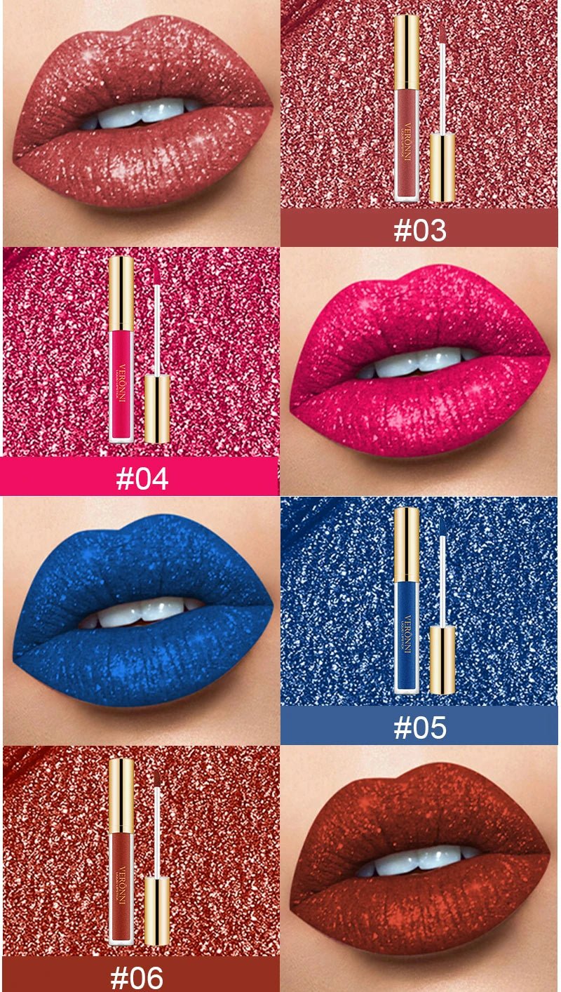 15 Color Glitter Liquid Lipsticks Shimmer Shiny Lipgloss Pearlescent Lip Tint Waterproof Long Lasting Matte Diamond Lips Glaze - ApolloX