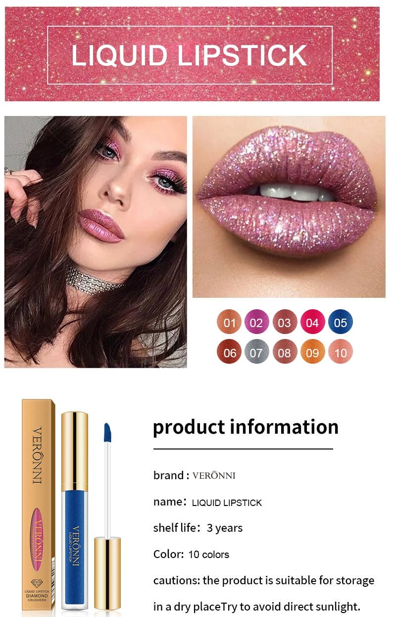 15 Color Glitter Liquid Lipsticks Shimmer Shiny Lipgloss Pearlescent Lip Tint Waterproof Long Lasting Matte Diamond Lips Glaze - ApolloX