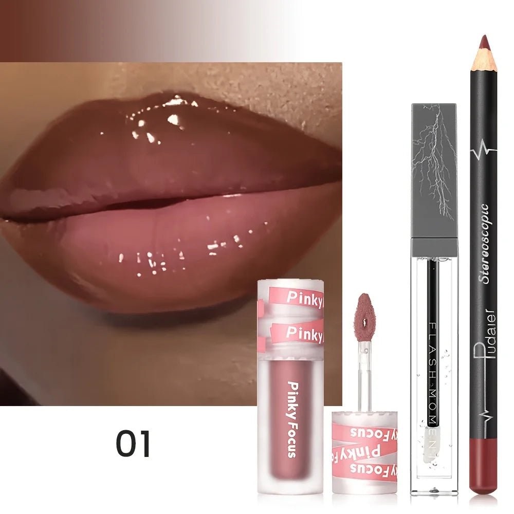 3PCS Shimmer Moisturizing Lip Gloss - Lip Liner and Lip Mud and Oil, Non - Sticky,Glitter, Nourishing Glossy Moisturizing Lipstick - ApolloX