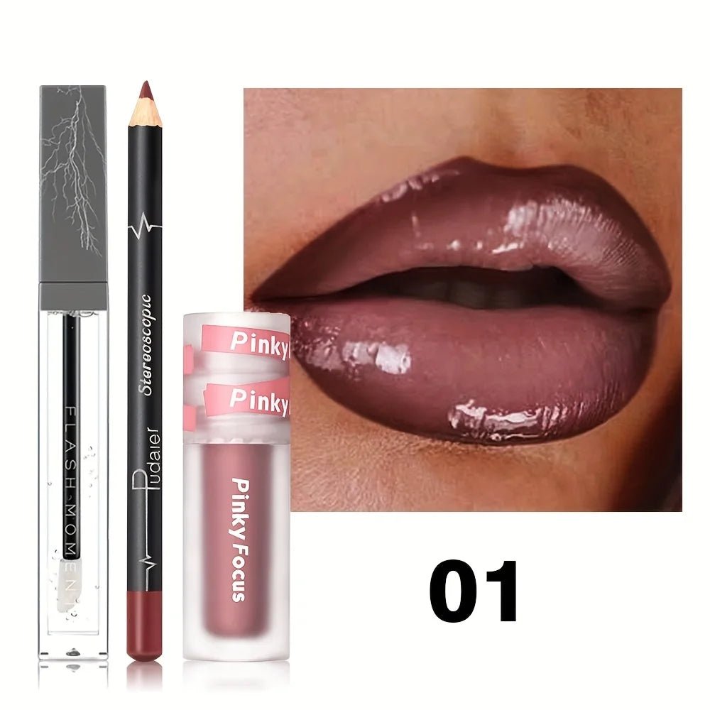 3PCS Shimmer Moisturizing Lip Gloss - Lip Liner and Lip Mud and Oil, Non - Sticky,Glitter, Nourishing Glossy Moisturizing Lipstick - ApolloX