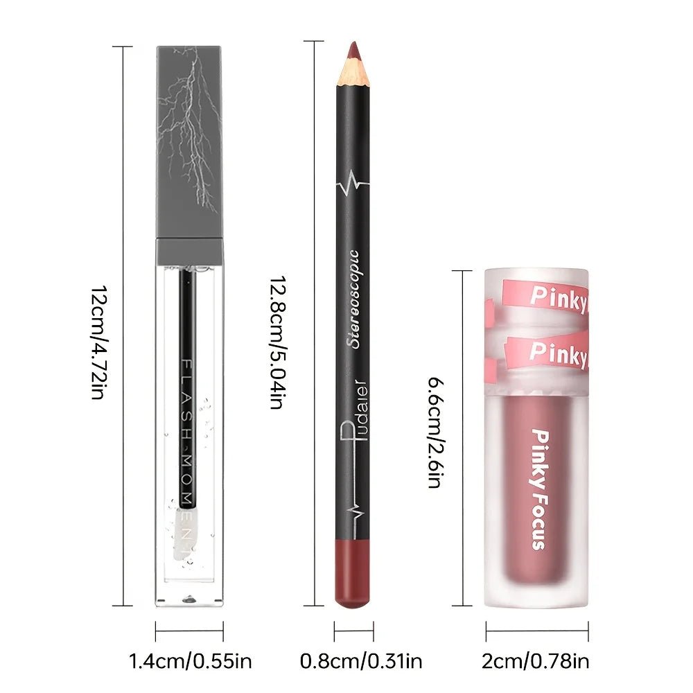 3PCS Shimmer Moisturizing Lip Gloss - Lip Liner and Lip Mud and Oil, Non - Sticky,Glitter, Nourishing Glossy Moisturizing Lipstick - ApolloX