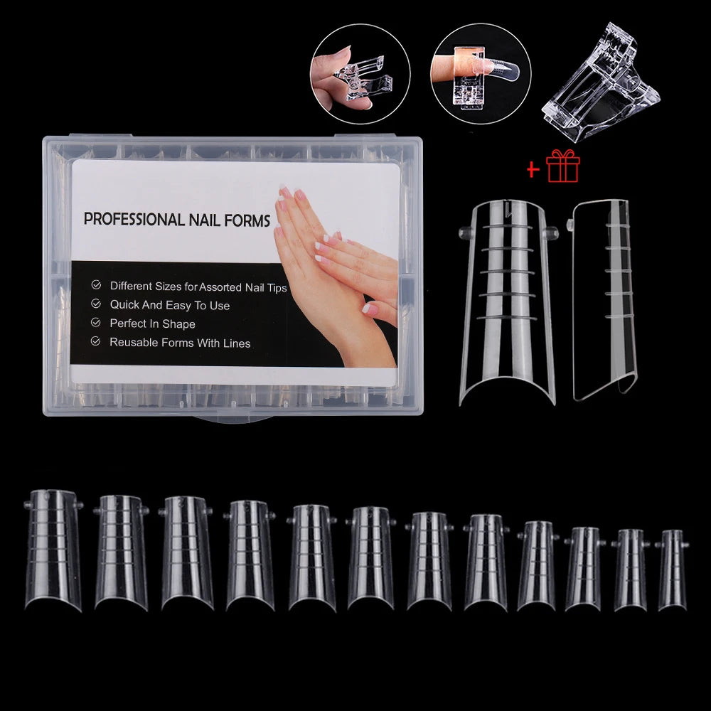 NEW Stiletto Coffin Clear Dual Forms False Tips Quick Building Gel Mold Nail System Full Cover Nail Extension Forms Top