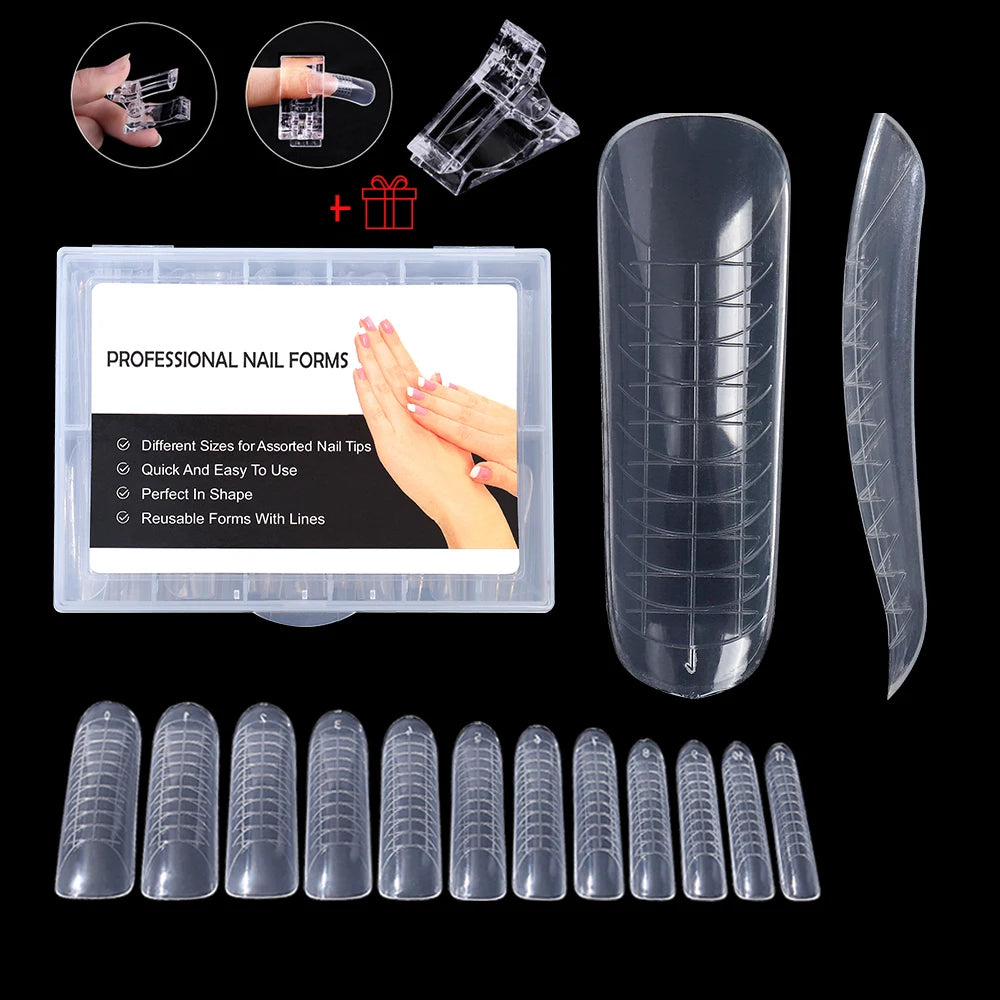 NEW Stiletto Coffin Clear Dual Forms False Tips Quick Building Gel Mold Nail System Full Cover Nail Extension Forms Top