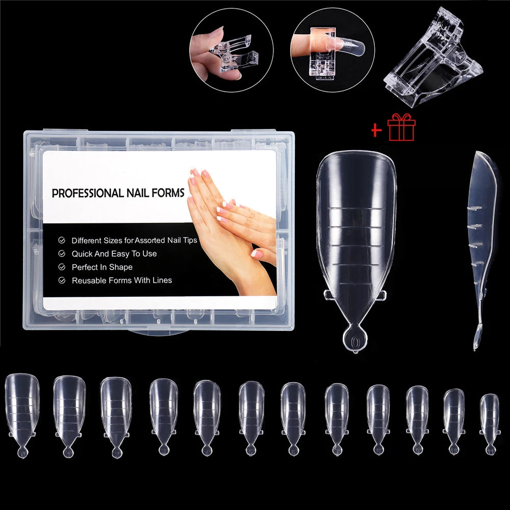 NEW Stiletto Coffin Clear Dual Forms False Tips Quick Building Gel Mold Nail System Full Cover Nail Extension Forms Top