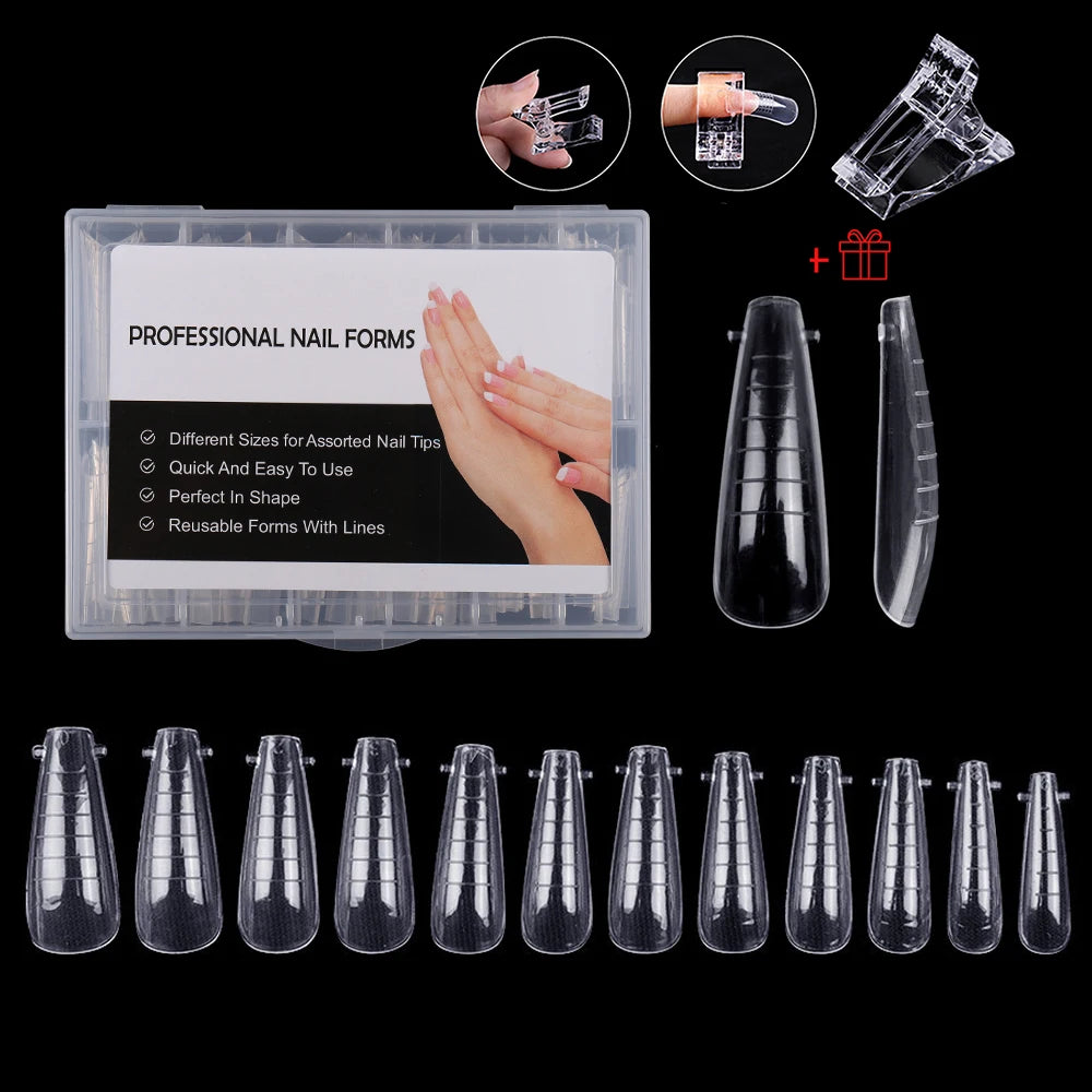 NEW Stiletto Coffin Clear Dual Forms False Tips Quick Building Gel Mold Nail System Full Cover Nail Extension Forms Top