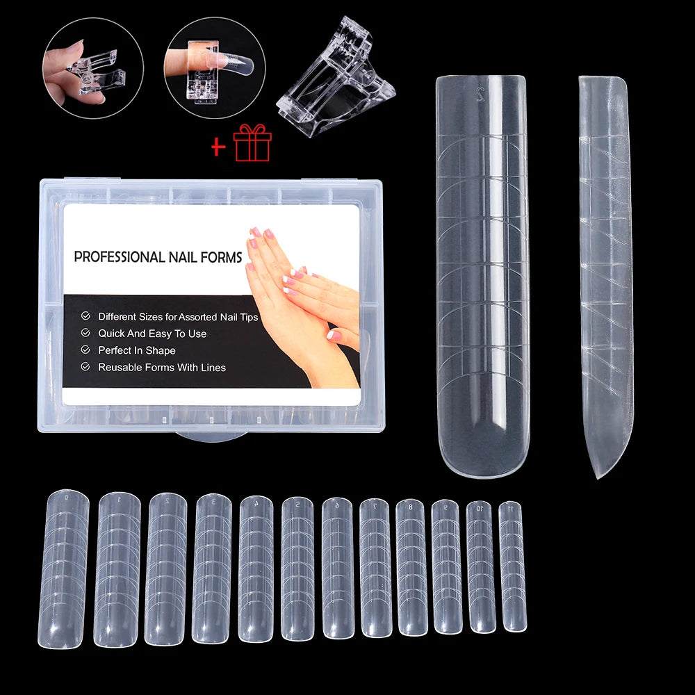 NEW Stiletto Coffin Clear Dual Forms False Tips Quick Building Gel Mold Nail System Full Cover Nail Extension Forms Top