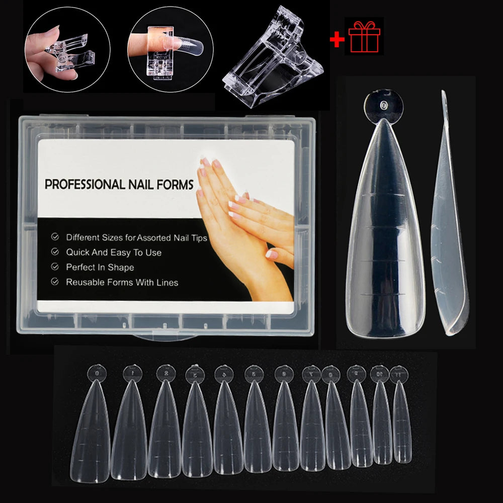 NEW Stiletto Coffin Clear Dual Forms False Tips Quick Building Gel Mold Nail System Full Cover Nail Extension Forms Top