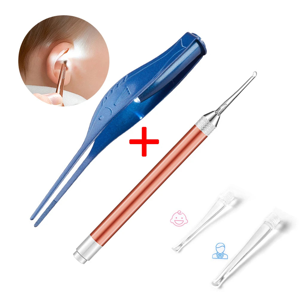 Baby Ear Cleaner Spoon LED Flash Light Ear Wax Curette Picker Visual Children Earpick Eer Wax Dig Remover Nose 2pc siliconespoon