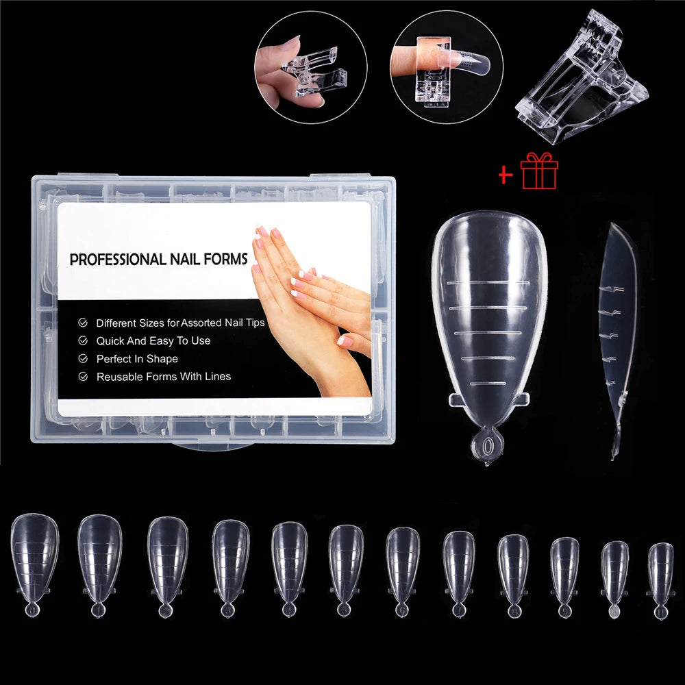 NEW Stiletto Coffin Clear Dual Forms False Tips Quick Building Gel Mold Nail System Full Cover Nail Extension Forms Top