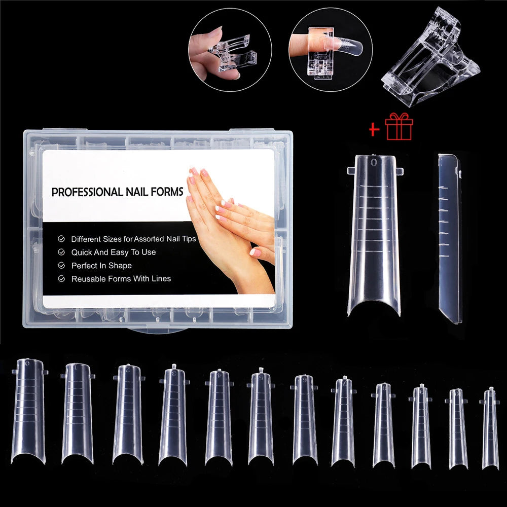 NEW Stiletto Coffin Clear Dual Forms False Tips Quick Building Gel Mold Nail System Full Cover Nail Extension Forms Top