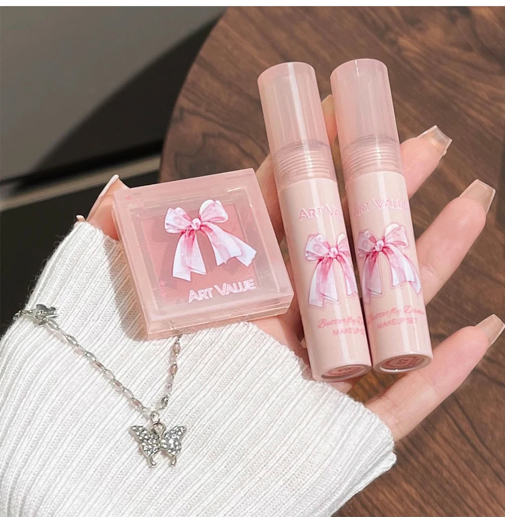 Art Value Butterfly Dance Color Box Four Lip Glaze Blush Set Necklace Lip Mud Blush Set