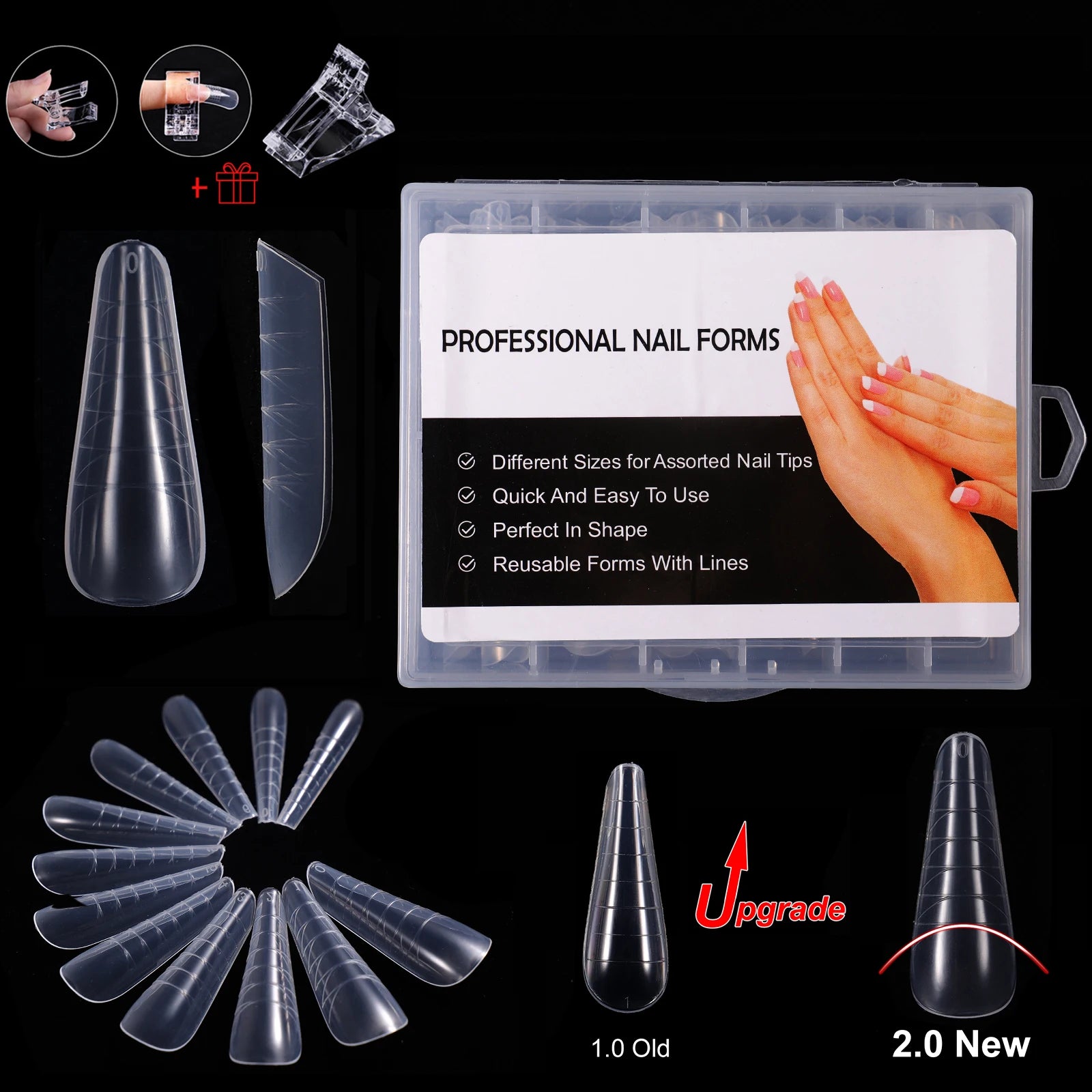 NEW Stiletto Coffin Clear Dual Forms False Tips Quick Building Gel Mold Nail System Full Cover Nail Extension Forms Top