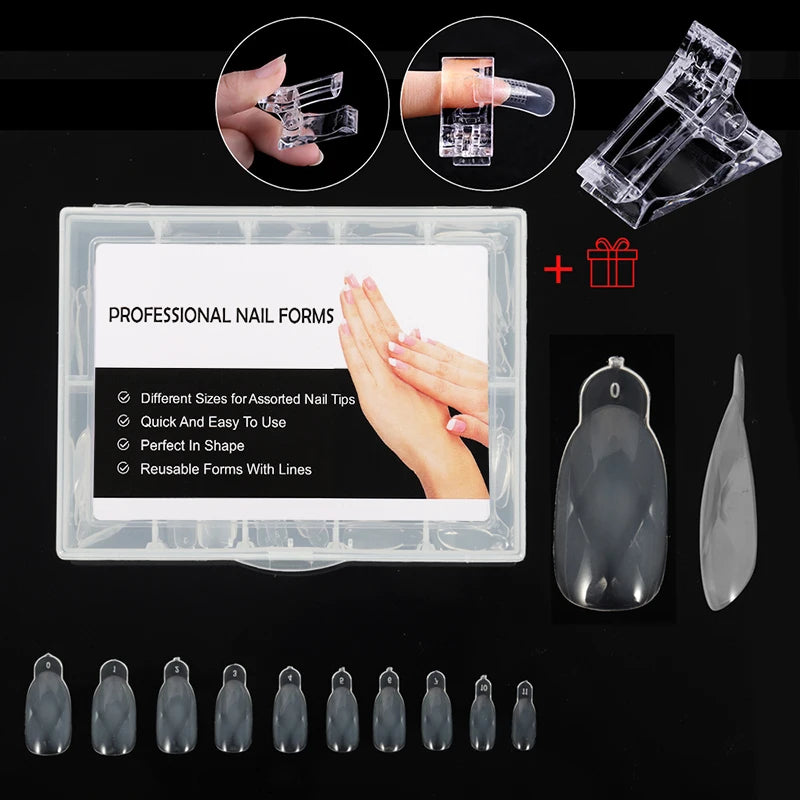 NEW Stiletto Coffin Clear Dual Forms False Tips Quick Building Gel Mold Nail System Full Cover Nail Extension Forms Top