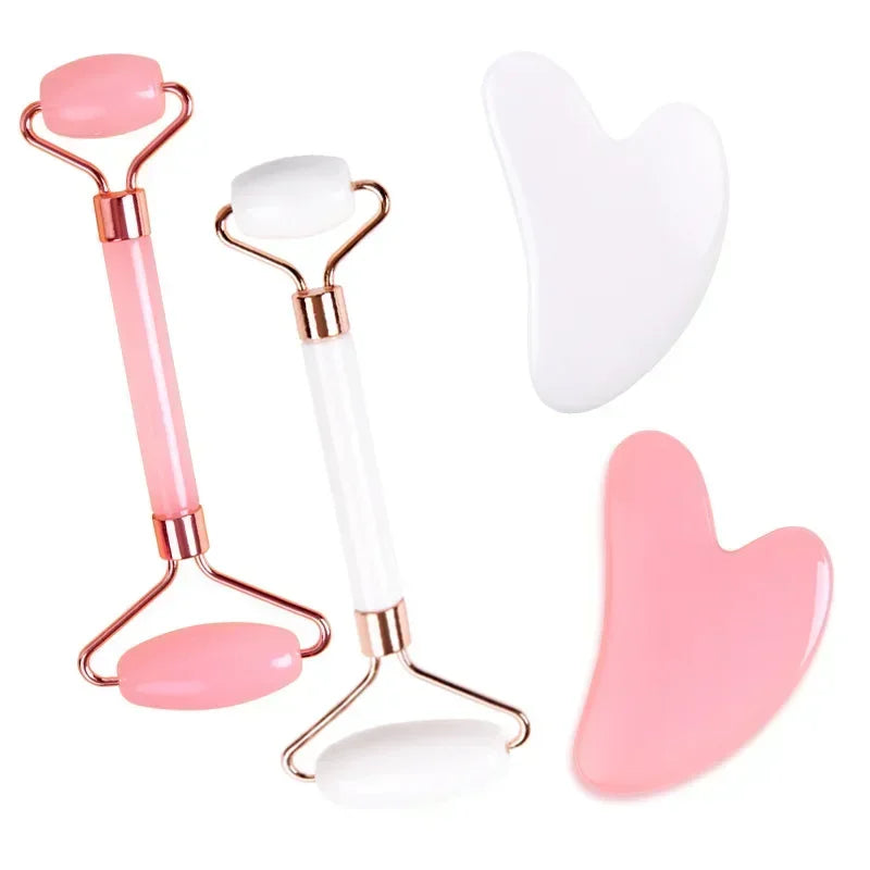 Natural Resin Jade Roller Gua Sha Scraper Set Double Chin Remover Facial Roller Pink Guasha Face Lift Massager Wrinkle Tools
