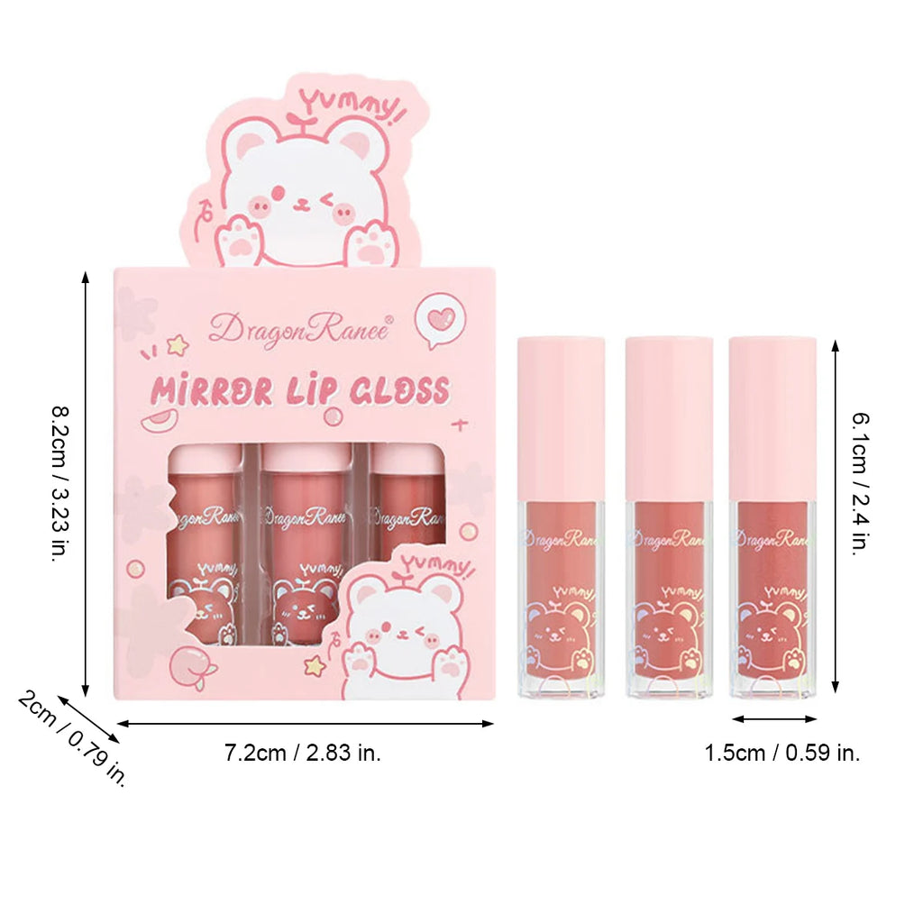 Dragon Ranee 3 colors doe lip glass hydrating mirror lip glaze moisturizing pearl with flash cartoon lip gloss set