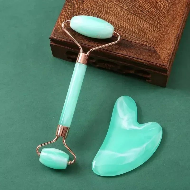 Natural Resin Jade Roller Gua Sha Scraper Set Double Chin Remover Facial Roller Pink Guasha Face Lift Massager Wrinkle Tools
