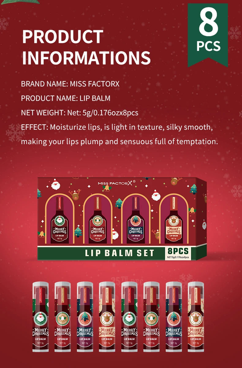 8pcs Colored lipstick Set - Christmas hot red wine with lasting taste, moisturizing and glassy luster