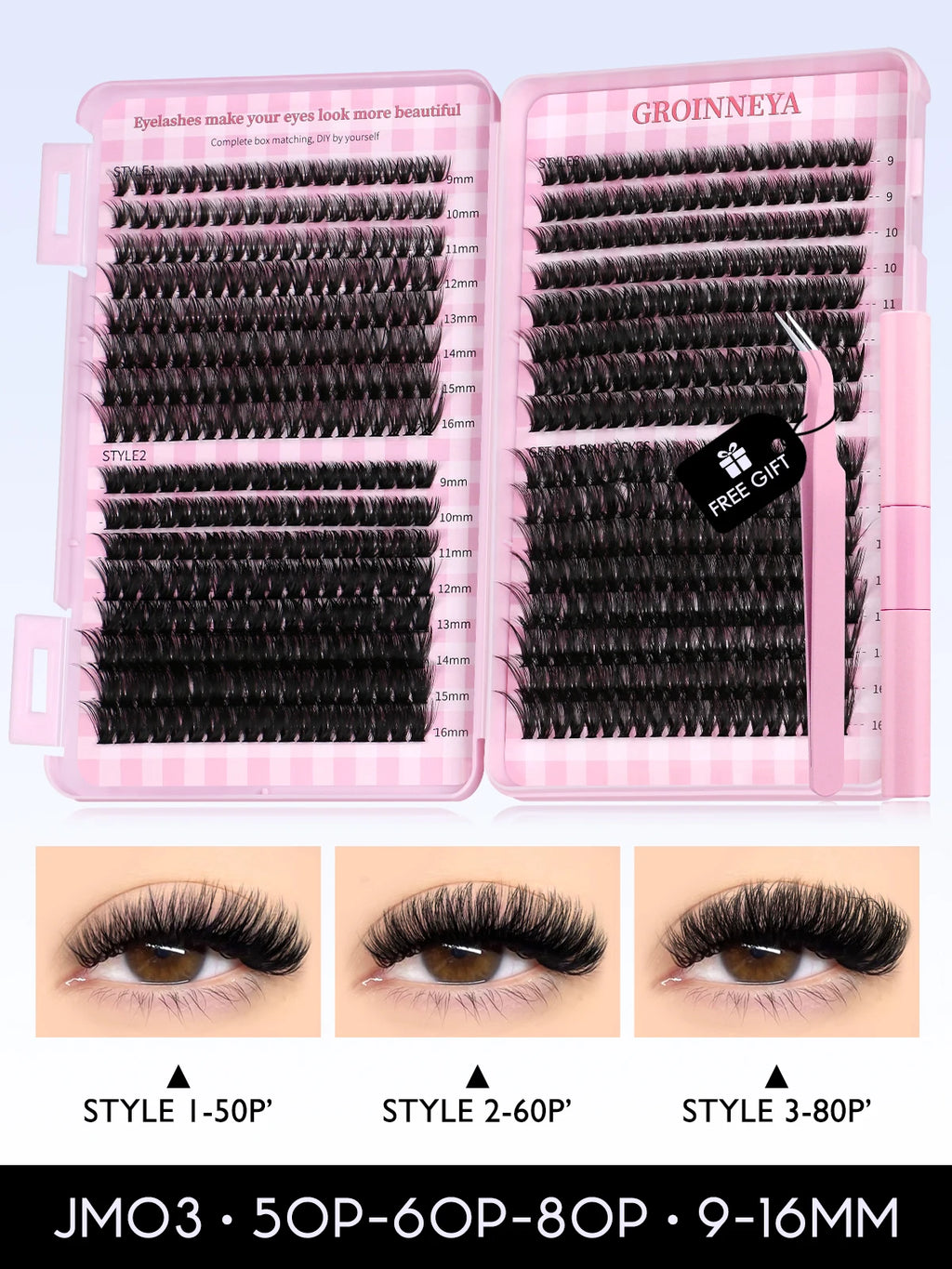 GROINNEYA Lash Clusters Kit Cat Lashes 640 Pcs with Lash Bond & Seal Cluster Eyelash Extensions Eyelash Clusters Kit DIY at Home