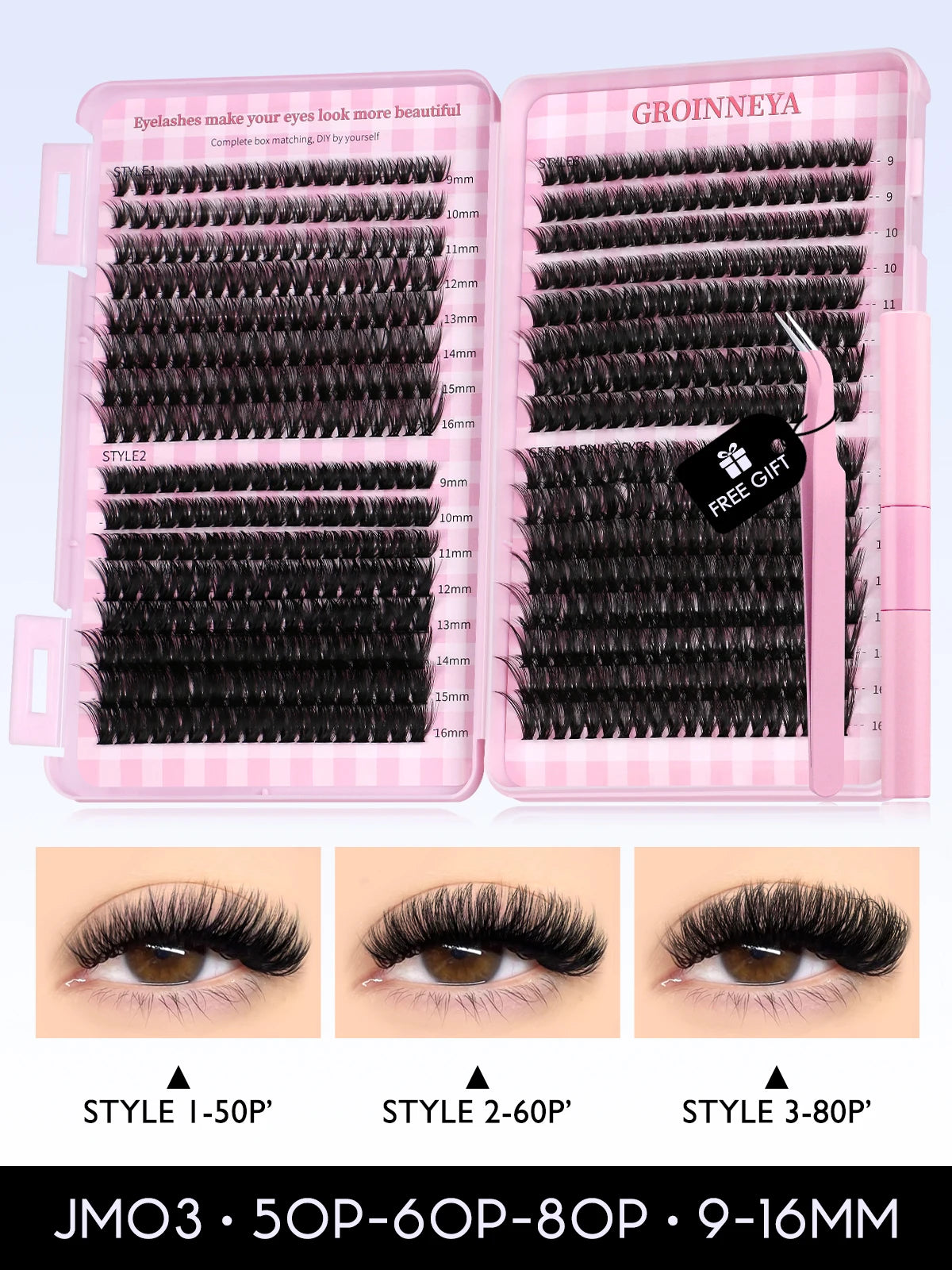 GROINNEYA Eyelash Clusters Kit Large capacity Wispy Individual Lashes Natural DIY Cluster Eyelash Extensions for Beginners