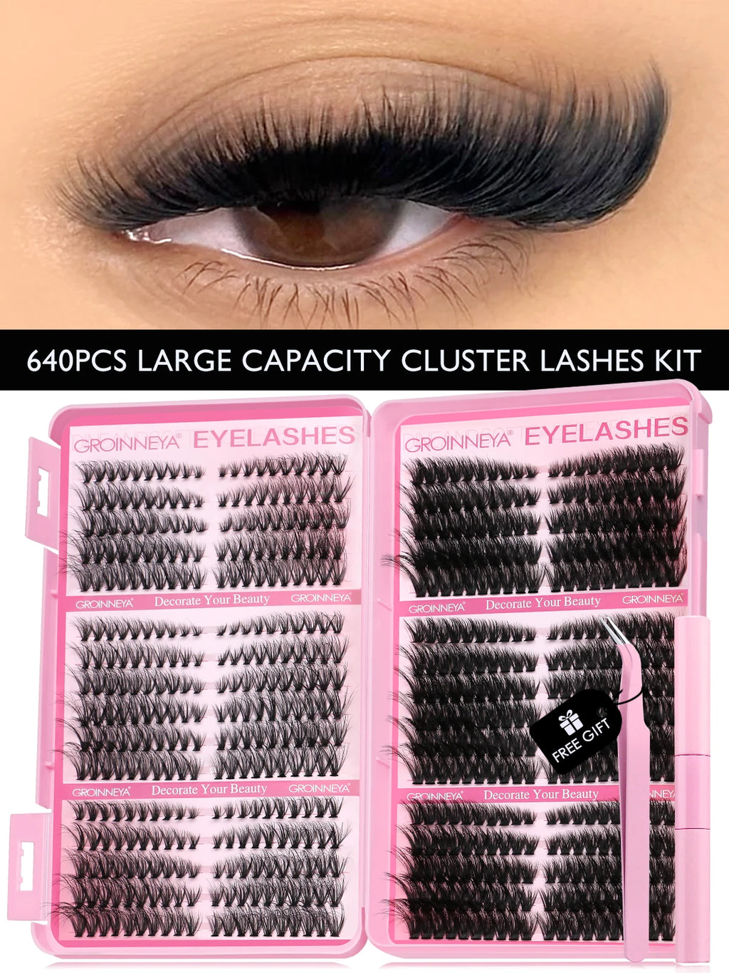 GROINNEYA Lash Clusters Kit Cat Lashes 640 Pcs with Lash Bond & Seal Cluster Eyelash Extensions Eyelash Clusters Kit DIY at Home