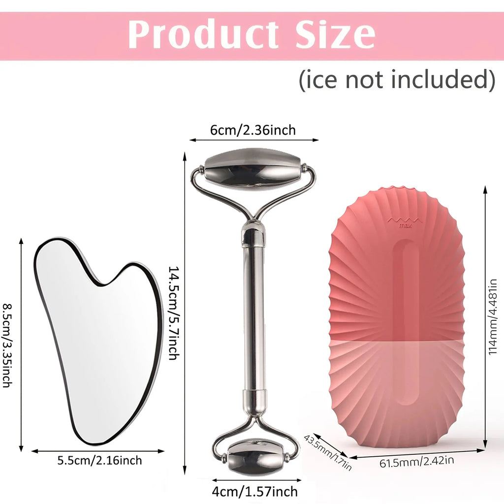 Ice Face Roller Facial Skincare Ice Roller Set, Stainless Steel Facial Roller Gua Sha Face Tool Face Massage Roller Mold Cube