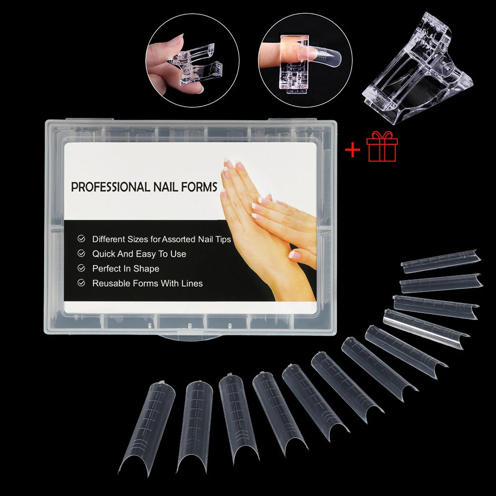NEW Stiletto Coffin Clear Dual Forms False Tips Quick Building Gel Mold Nail System Full Cover Nail Extension Forms Top