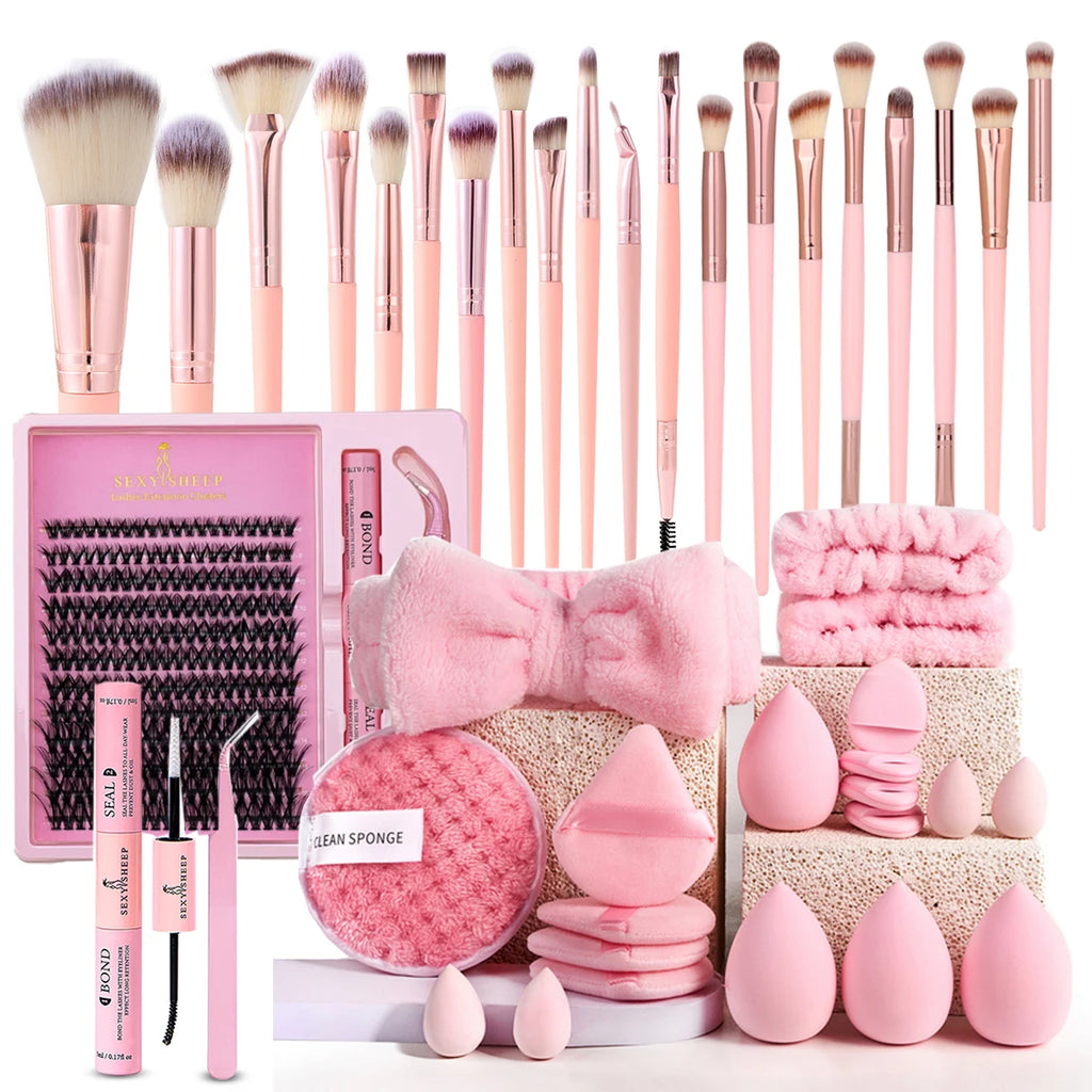 Makeup Brushes and Sponges Set, Pink Makeup Puff,  Headband, Wristband Remover ,  8-16mm DIY Eyelash Extension Kit makeup tool