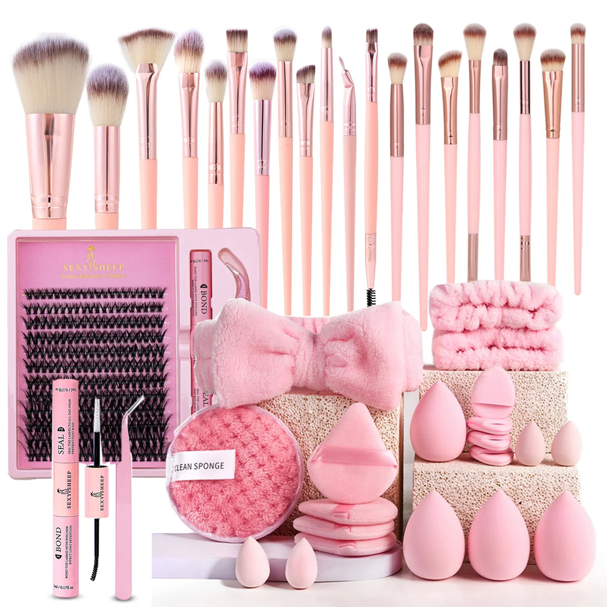 Makeup Brushes and Sponges Set, Pink Makeup Puff,  Headband, Wristband Remover ,  8-16mm DIY Eyelash Extension Kit makeup tool