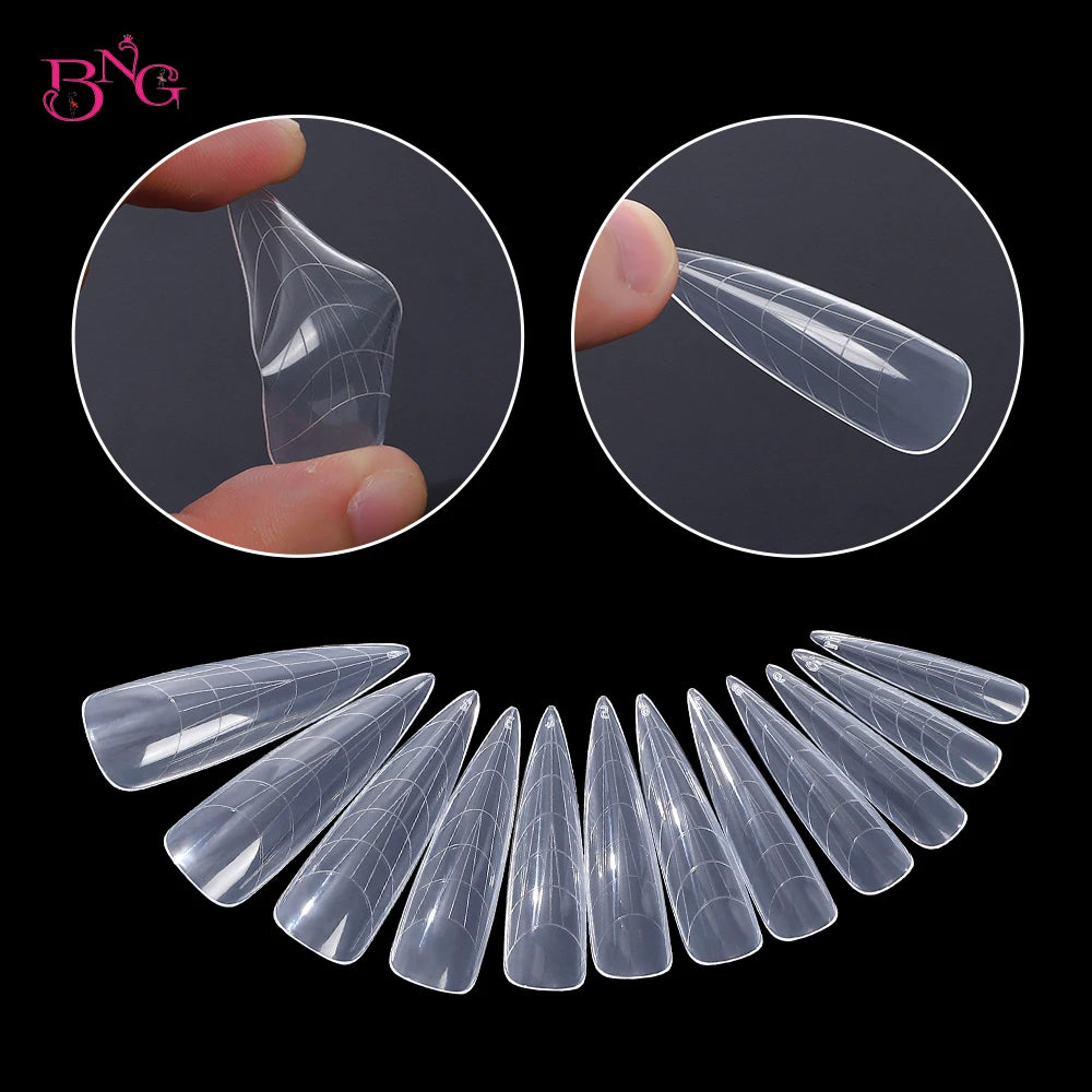 NEW Stiletto Coffin Clear Dual Forms False Tips Quick Building Gel Mold Nail System Full Cover Nail Extension Forms Top