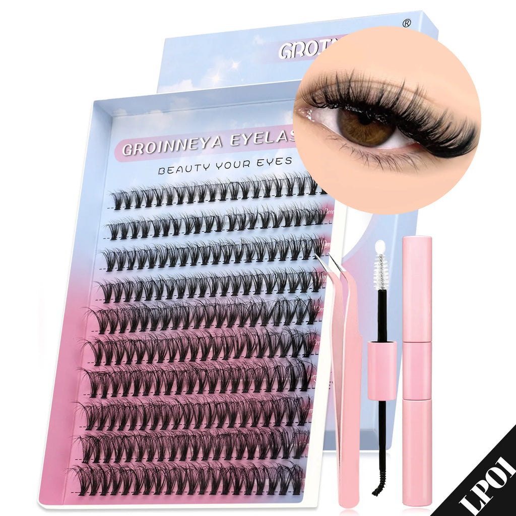 GROINNEYA Lash Clusters Kit Cat Lashes 640 Pcs with Lash Bond & Seal Cluster Eyelash Extensions Eyelash Clusters Kit DIY at Home