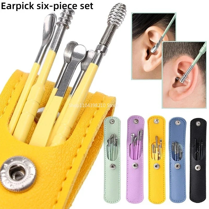 6pcs Stainless Steel Ear Wax Removal Tool Set Spiral Rotating EarPicking Spoon Ear Picker Spoon For Cleaning Collecting Ear Wax