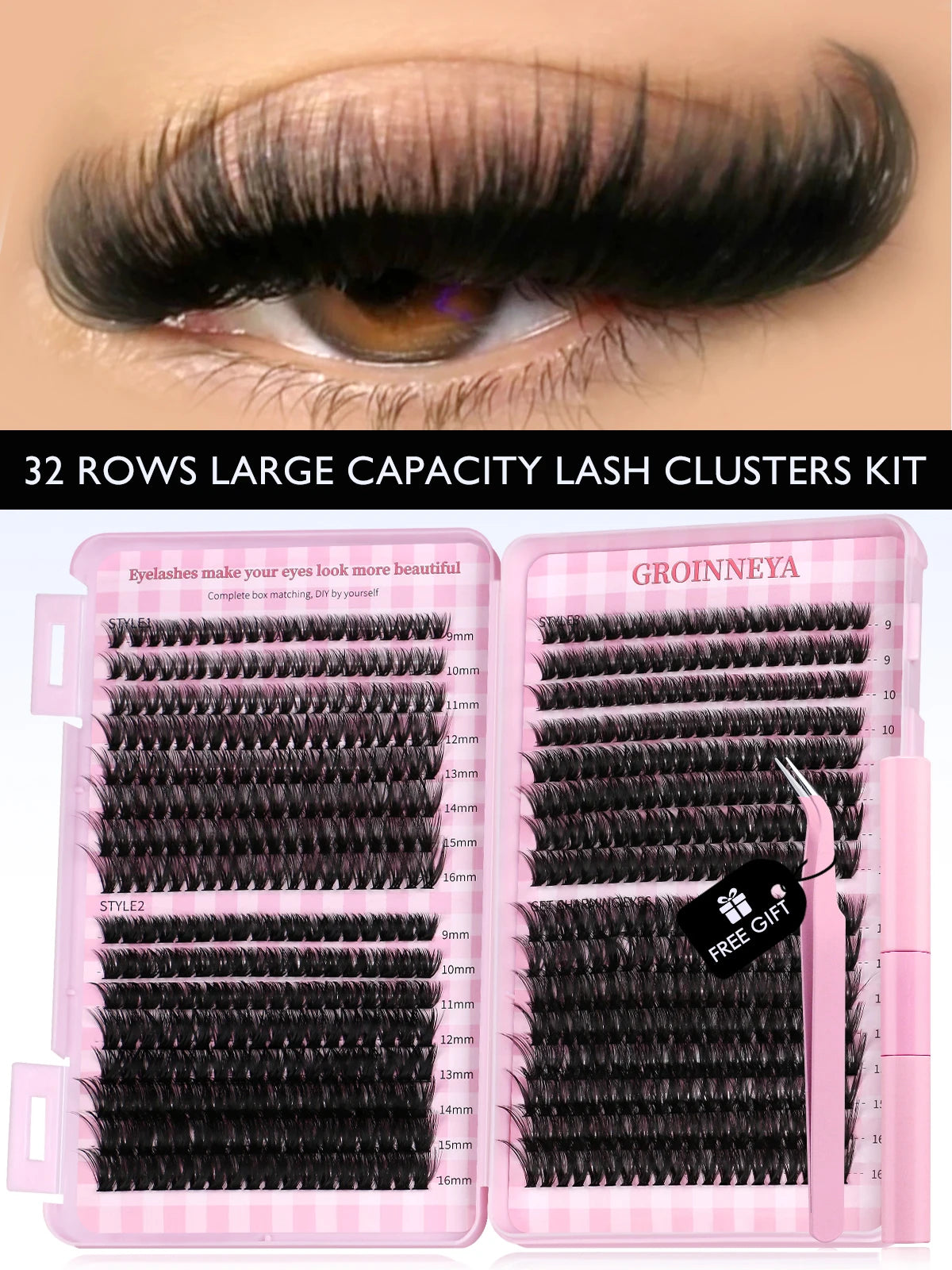 GROINNEYA Eyelash Clusters Kit Large capacity Wispy Individual Lashes Natural DIY Cluster Eyelash Extensions for Beginners
