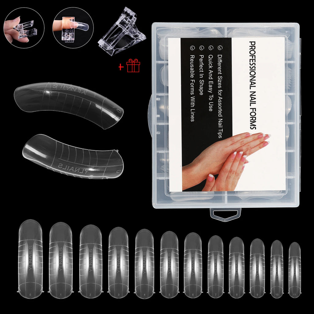 NEW Stiletto Coffin Clear Dual Forms False Tips Quick Building Gel Mold Nail System Full Cover Nail Extension Forms Top