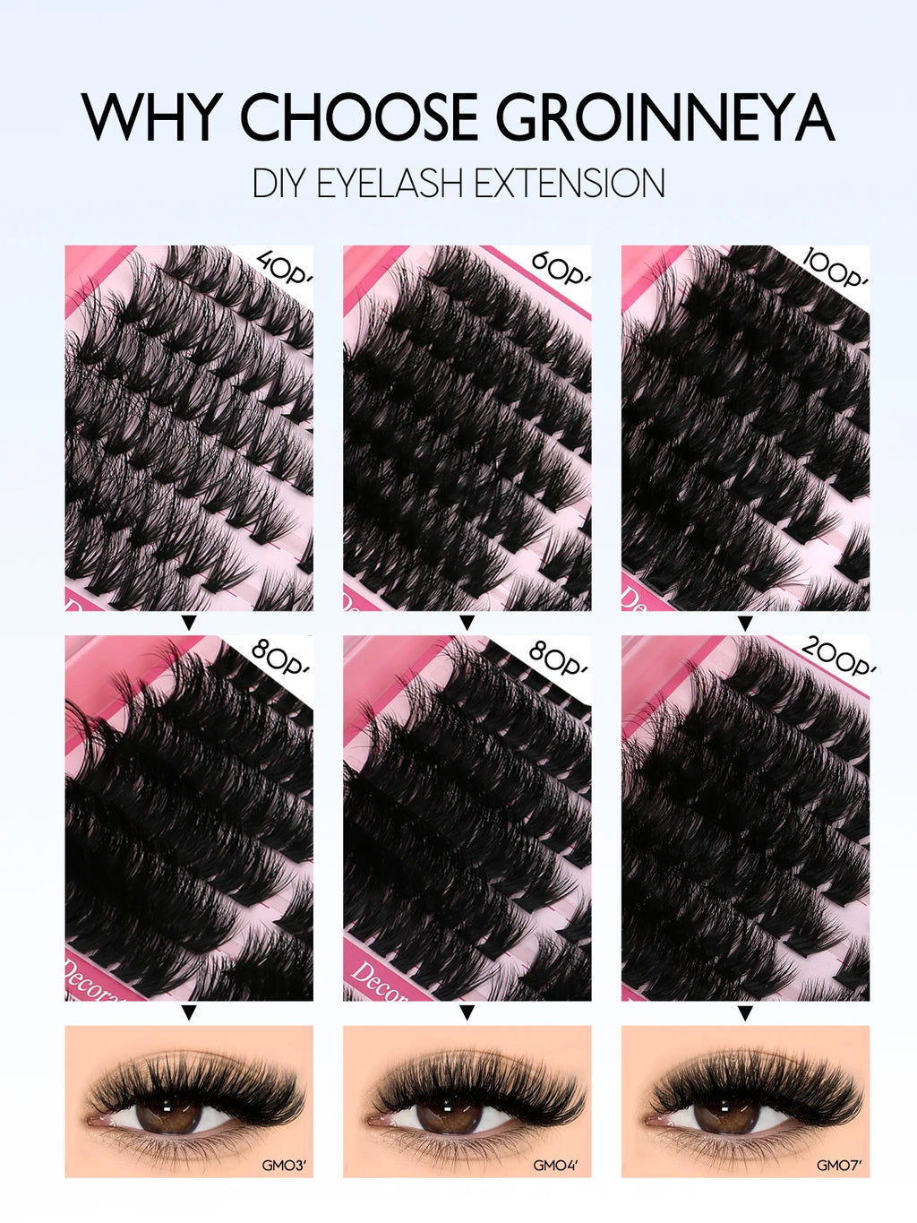 GROINNEYA Lash Clusters Kit Cat Lashes 640 Pcs with Lash Bond & Seal Cluster Eyelash Extensions Eyelash Clusters Kit DIY at Home