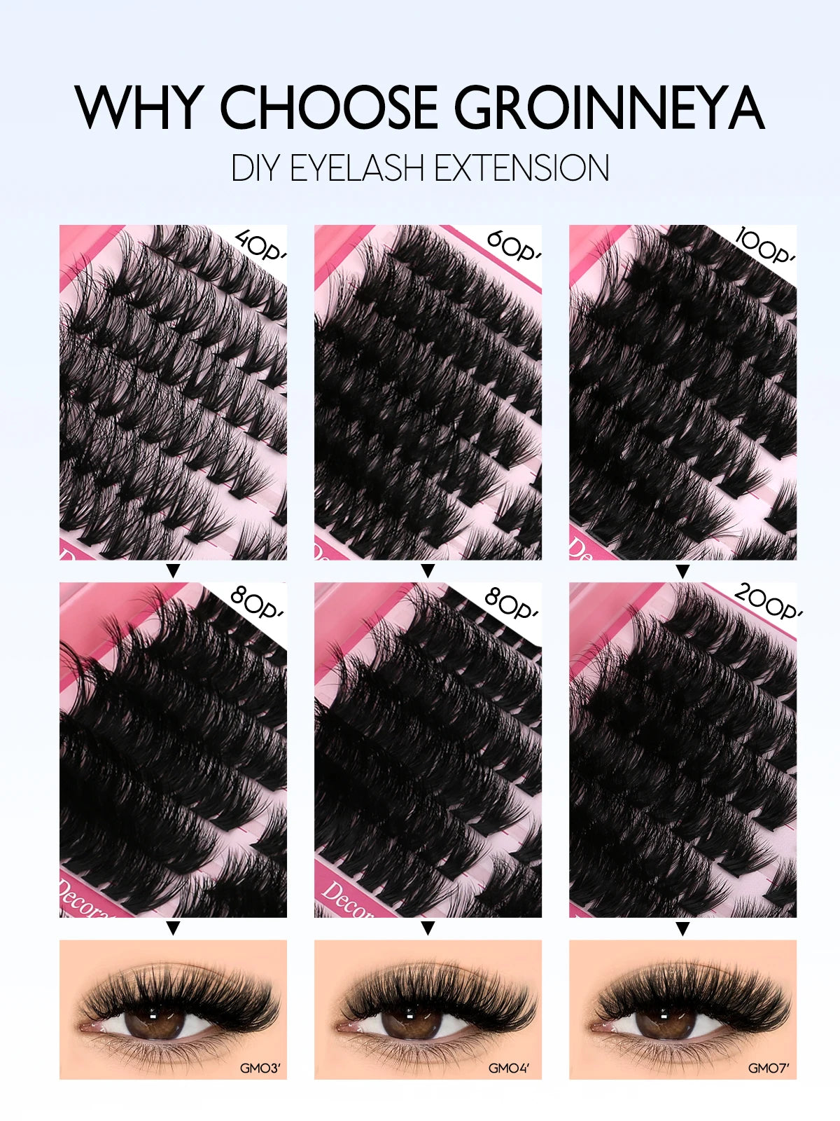 GROINNEYA Lash Clusters Kit Cat Lashes 640 Pcs with Lash Bond & Seal Cluster Eyelash Extensions Eyelash Clusters Kit DIY at Home