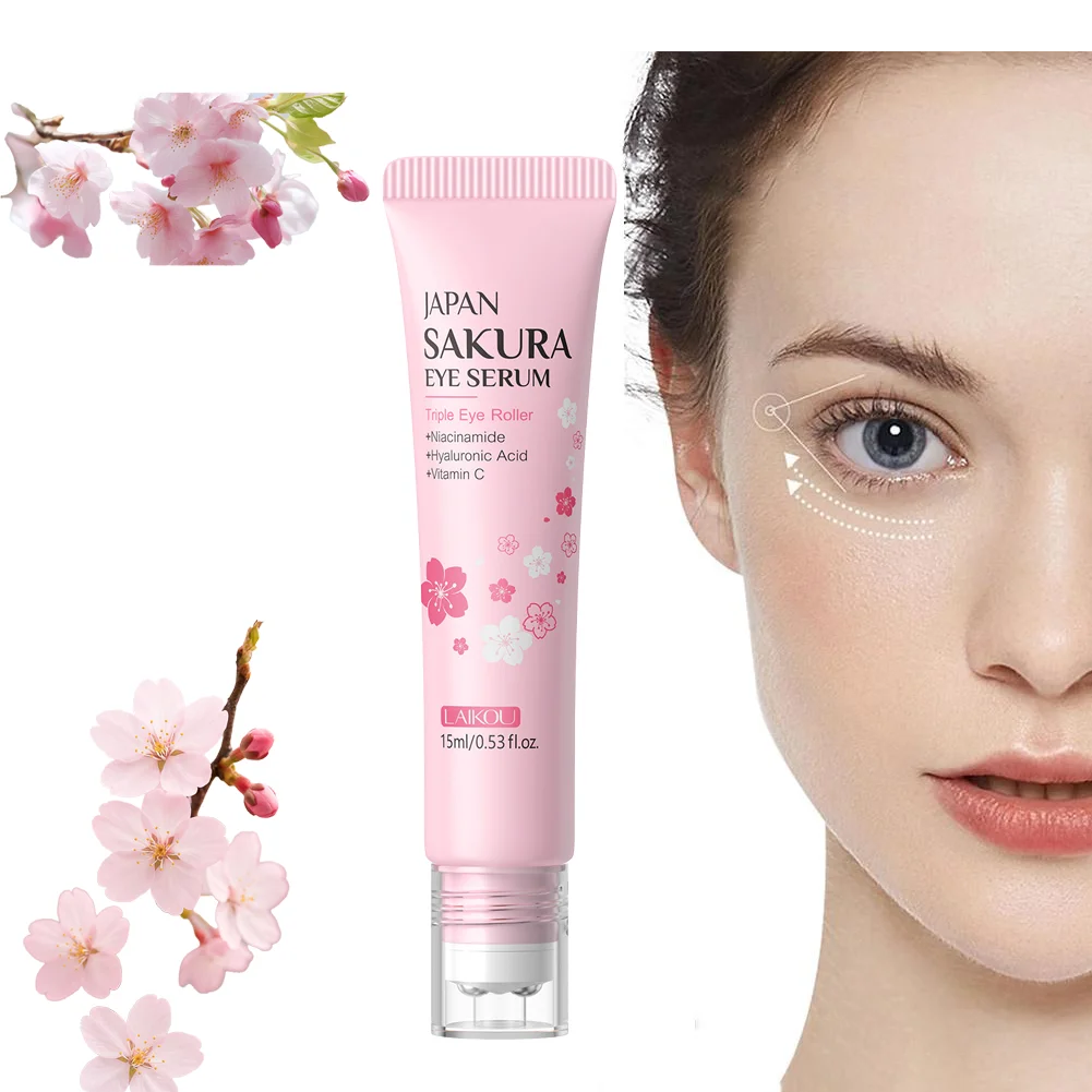 LAIKOU Sakura Eye Serum Roller Massage Hyaluronic Acid Skin Care Eye Bags Cream Moisturizing Dark Circles 15ml