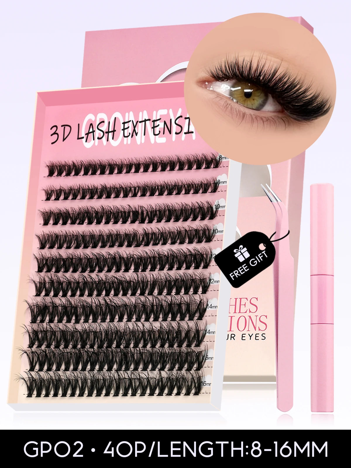 GROINNEYA Eyelash Clusters Kit Large capacity Wispy Individual Lashes Natural DIY Cluster Eyelash Extensions for Beginners