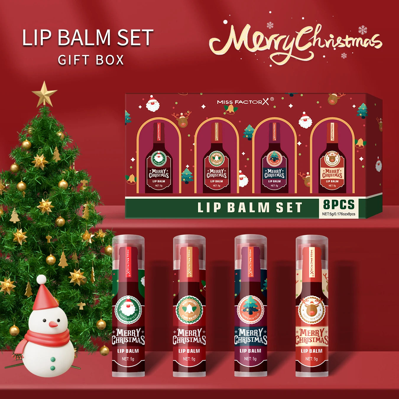 8pcs Colored lipstick Set - Christmas hot red wine with lasting taste, moisturizing and glassy luster