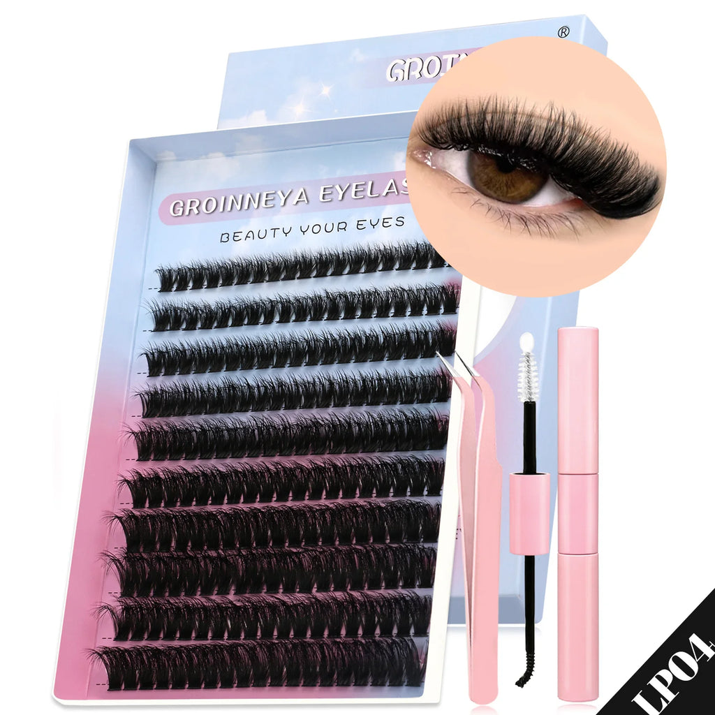 GROINNEYA Lash Clusters Kit Cat Lashes 640 Pcs with Lash Bond & Seal Cluster Eyelash Extensions Eyelash Clusters Kit DIY at Home