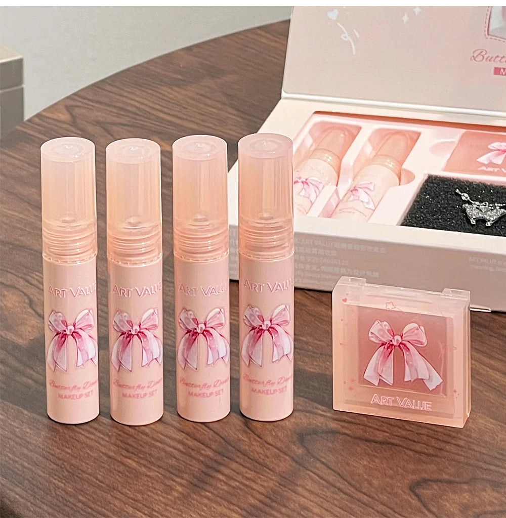 Art Value Butterfly Dance Color Box Four Lip Glaze Blush Set Necklace Lip Mud Blush Set