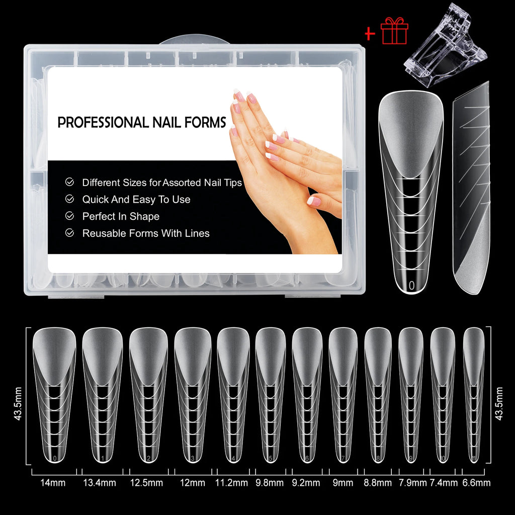 NEW Stiletto Coffin Clear Dual Forms False Tips Quick Building Gel Mold Nail System Full Cover Nail Extension Forms Top