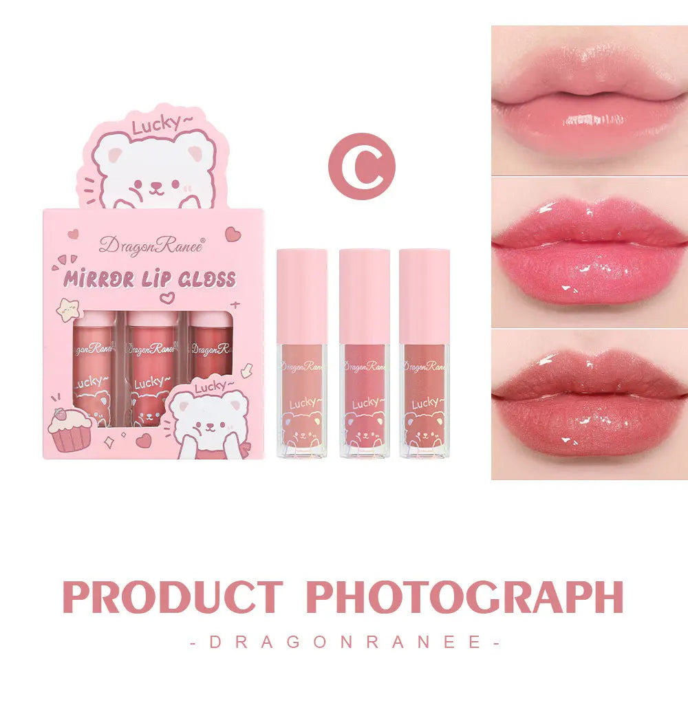 Dragon Ranee 3 colors doe lip glass hydrating mirror lip glaze moisturizing pearl with flash cartoon lip gloss set