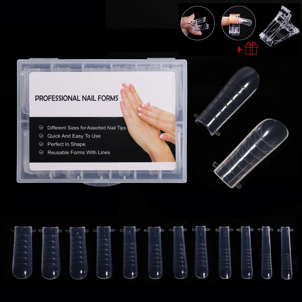 NEW Stiletto Coffin Clear Dual Forms False Tips Quick Building Gel Mold Nail System Full Cover Nail Extension Forms Top