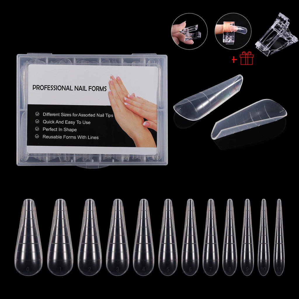 NEW Stiletto Coffin Clear Dual Forms False Tips Quick Building Gel Mold Nail System Full Cover Nail Extension Forms Top