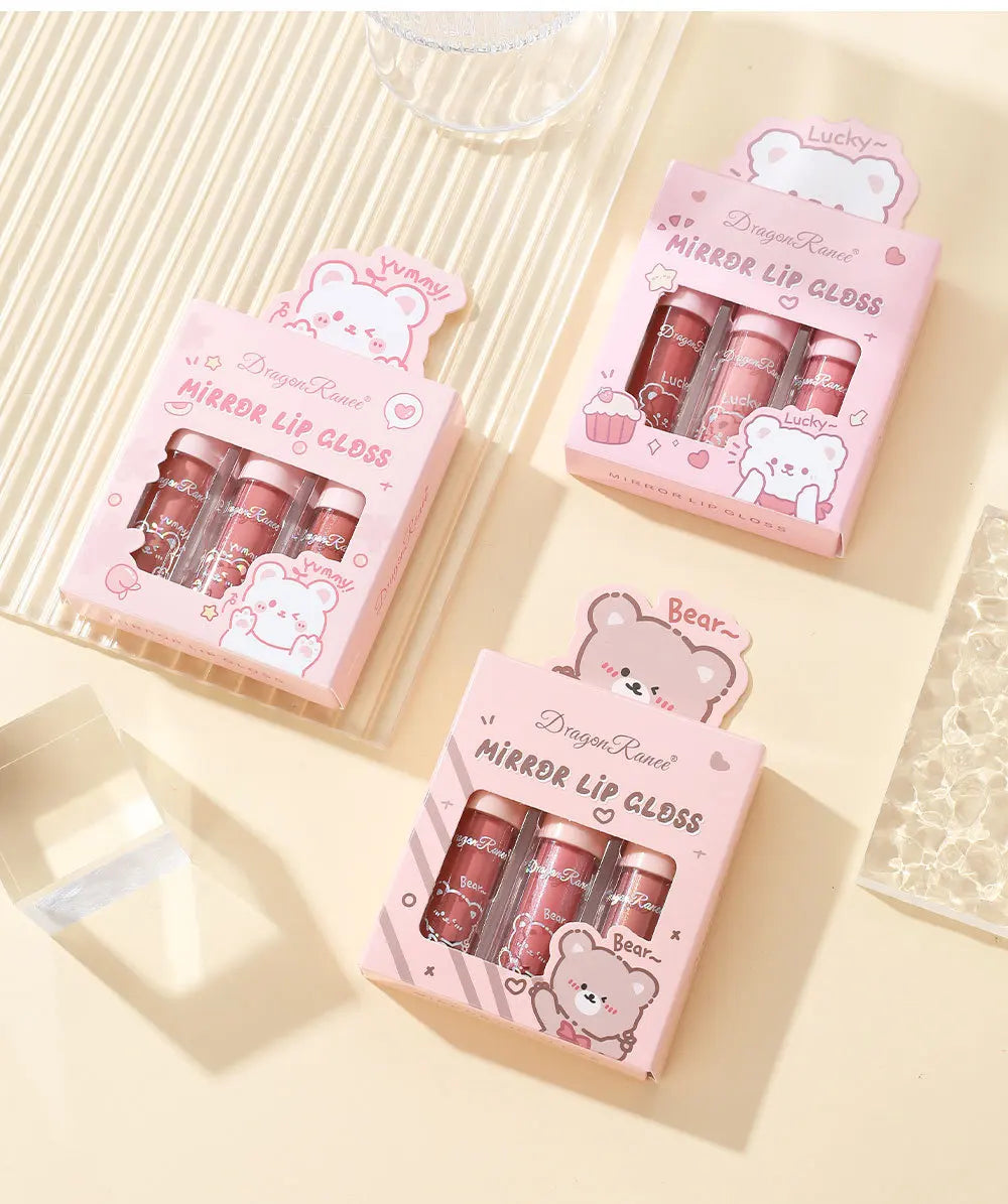Dragon Ranee 3 colors doe lip glass hydrating mirror lip glaze moisturizing pearl with flash cartoon lip gloss set