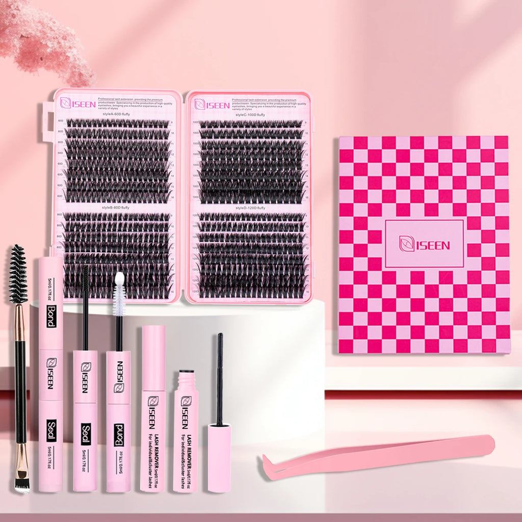 ISEEN DIY Segmented False Eyelash Set Large Capacity Cluster Eyelash Book With Glue,Remove GLue,Twezeer,Brush,Festival gift