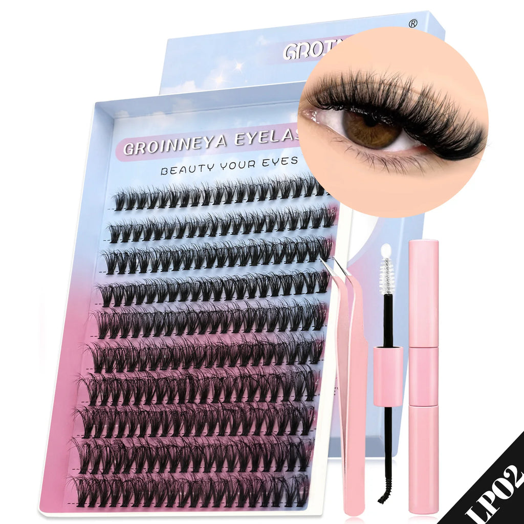 GROINNEYA Lash Clusters Kit Cat Lashes 640 Pcs with Lash Bond & Seal Cluster Eyelash Extensions Eyelash Clusters Kit DIY at Home