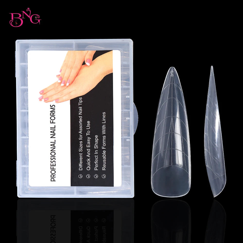 NEW Stiletto Coffin Clear Dual Forms False Tips Quick Building Gel Mold Nail System Full Cover Nail Extension Forms Top